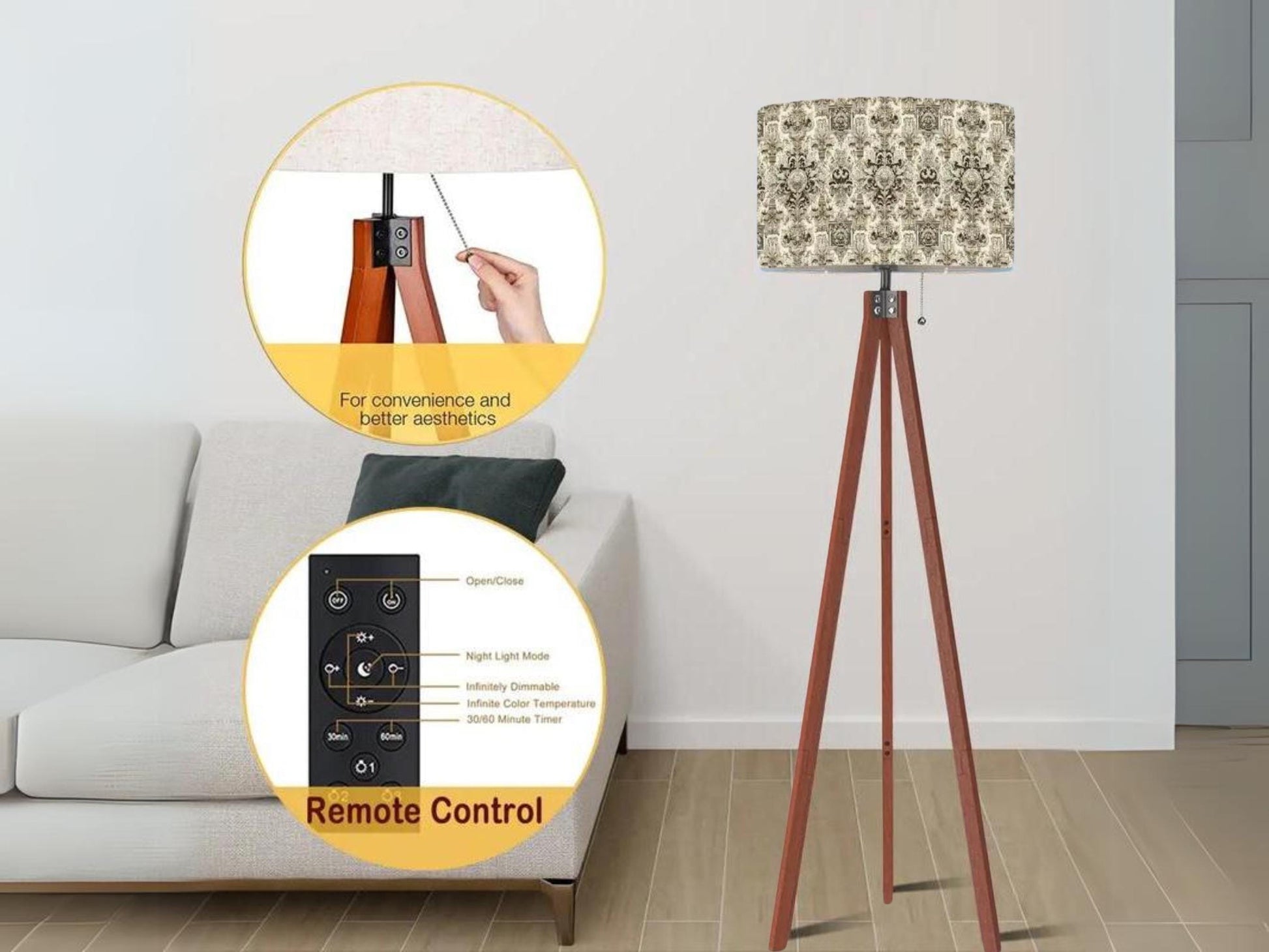 Floor Lamp Tripod Solid Wood Tall Lamp Fleur-de-lis French Royal Vintage Inspired Shade Living Room Lighting for Bedroom Home Decor Dining