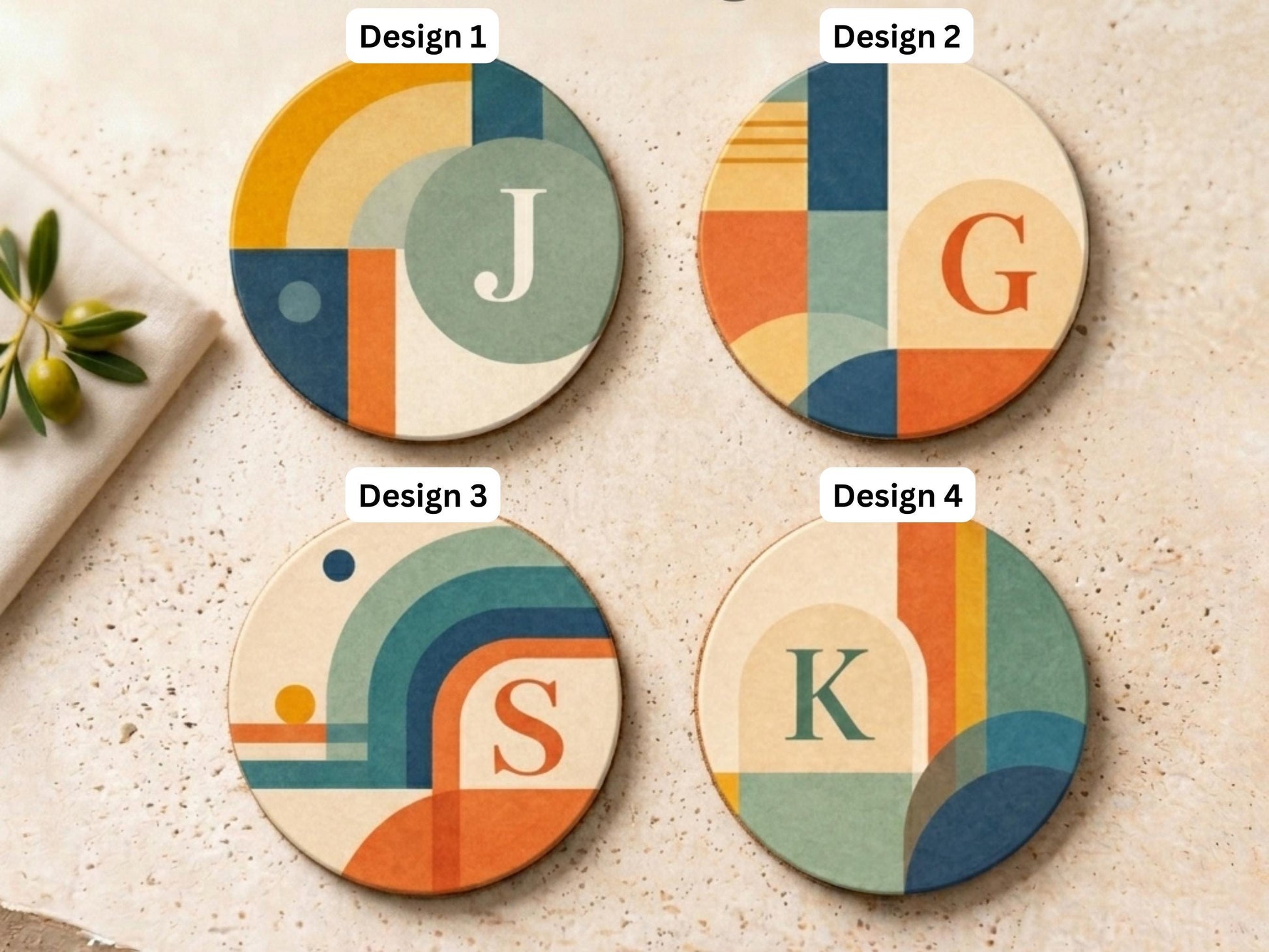 Mid Century Modern Coaster Set Retro Geometric Drink Coasters Abstract Arch Design Modern Home Decor Designer Coasters Set of 2 Set of 4