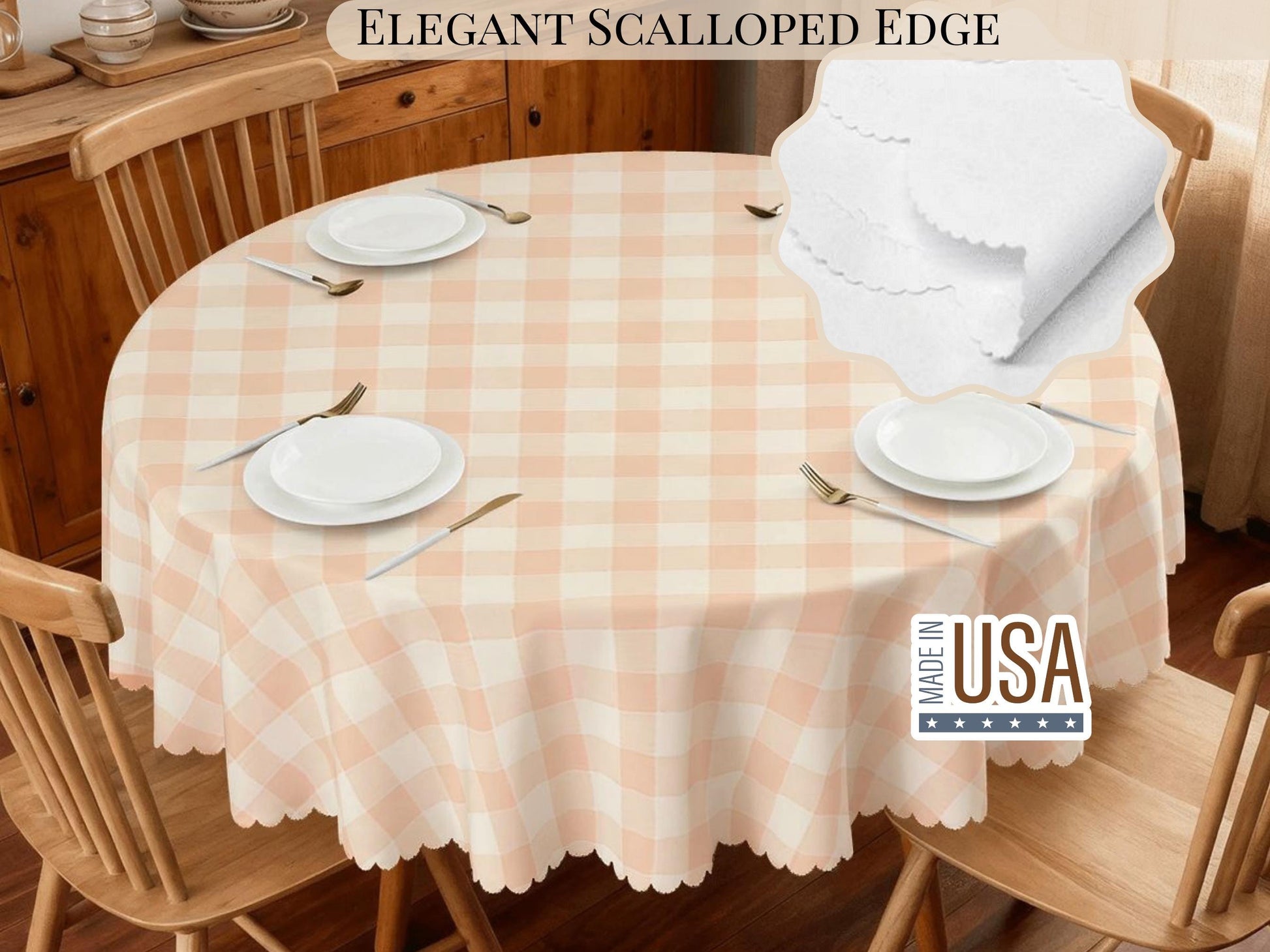 Plaid Tablecloth Peach Pink Scalloped Edge Lace Details For Spring Spill-Proof Summer Washable Fabric Table Cloth For Family Dinner Occasion