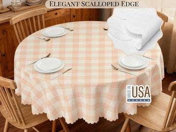 Plaid Tablecloth Peach Pink Scalloped Edge Lace Details For Spring Spill-Proof Summer Washable Fabric Table Cloth For Family Dinner Occasion