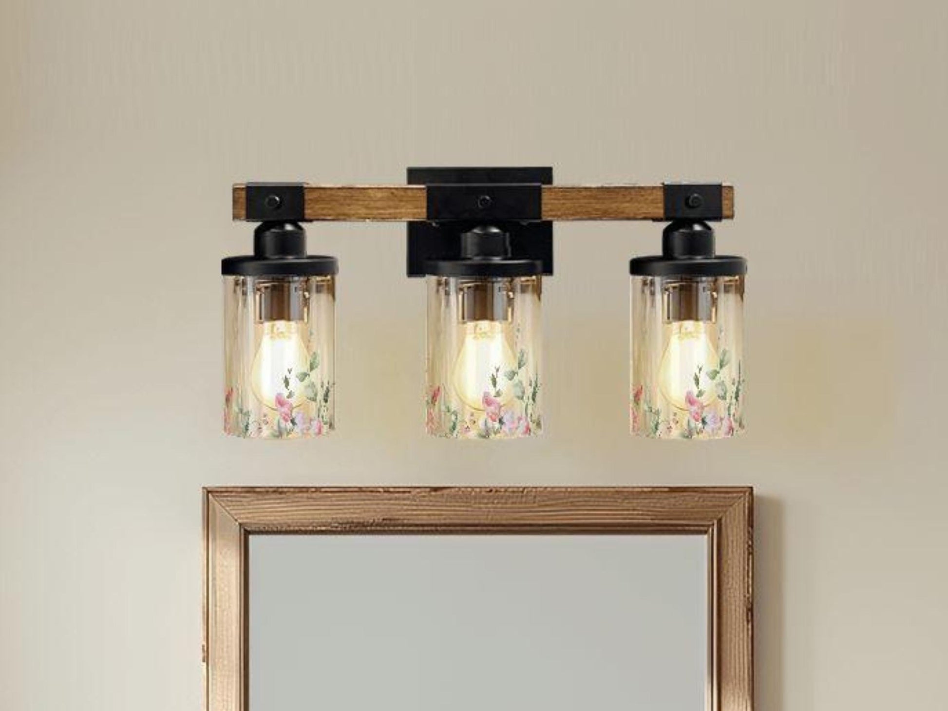Bathroom Lighting Vanity Light Fixture Soft Pink Floral 3-Light Farmhouse Luxury Bathroom  Metal and Glass Restroom Light Over Sink Decor