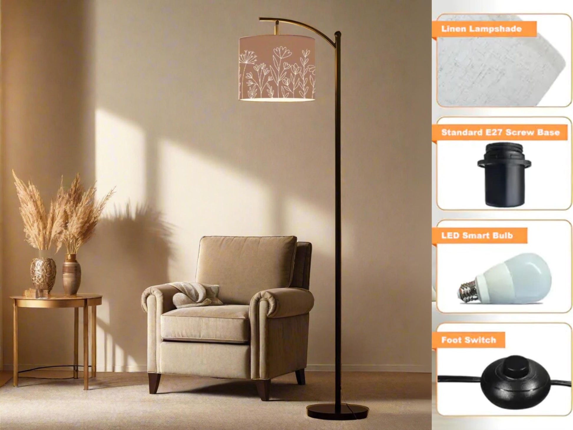 Arc Floor Lamp Modern Wildflower Mocha Mousse Living Room Lamp Gift Housewarming Present Idea Wildflowers Bedroom Lighting Floor Lamp Gift