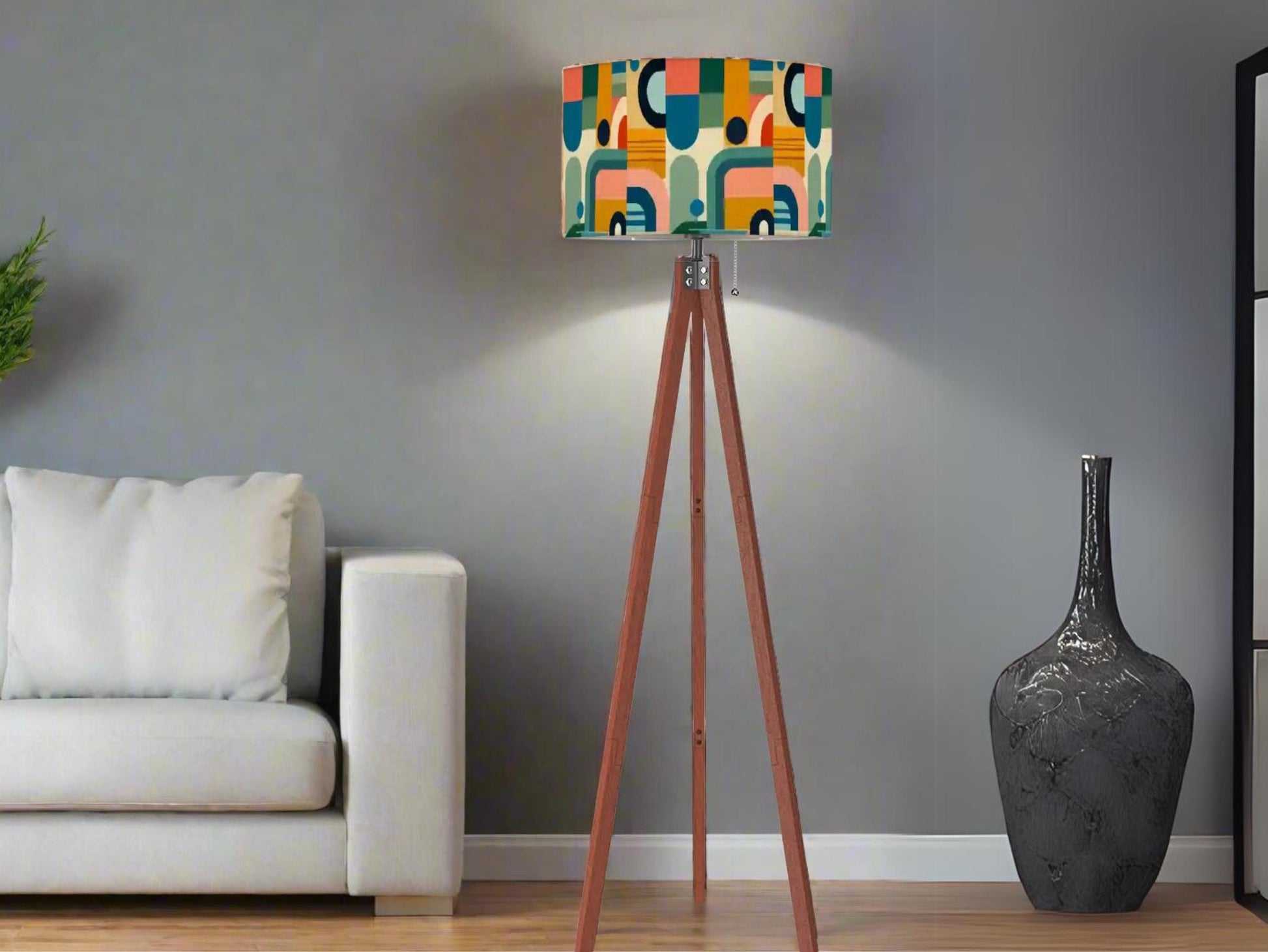 Mid Century Modern Tripod Floor Lamp Wood Base Housewarming Gift Living Room Lighting Decor Abstract Shape Orange Floor Lamp Gifting Idea