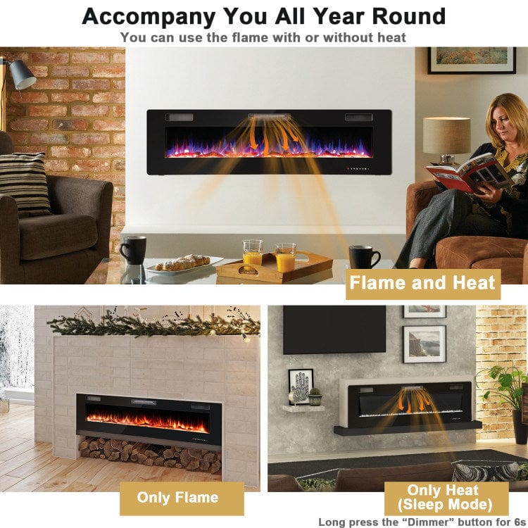 Olympia Bay, Inc black 68 Inch Ultra-Thin Electric Fireplace Recessed Wall Mounted with Crystal Log Decoration