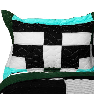 [Pearl Turquoise] 3PC Vermicelli - Quilted Patchwork Quilt Set (Full/Queen Size)