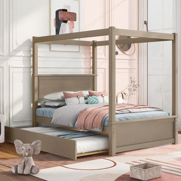 Olympia Bay Full Size Wood Canopy Platform Bed With Trundle and Support Slats. No Box Spring Needed