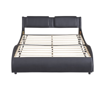 Queen Size Upholstered Faux Leather Platform Bed with LED Light Bed Frame, Slatted