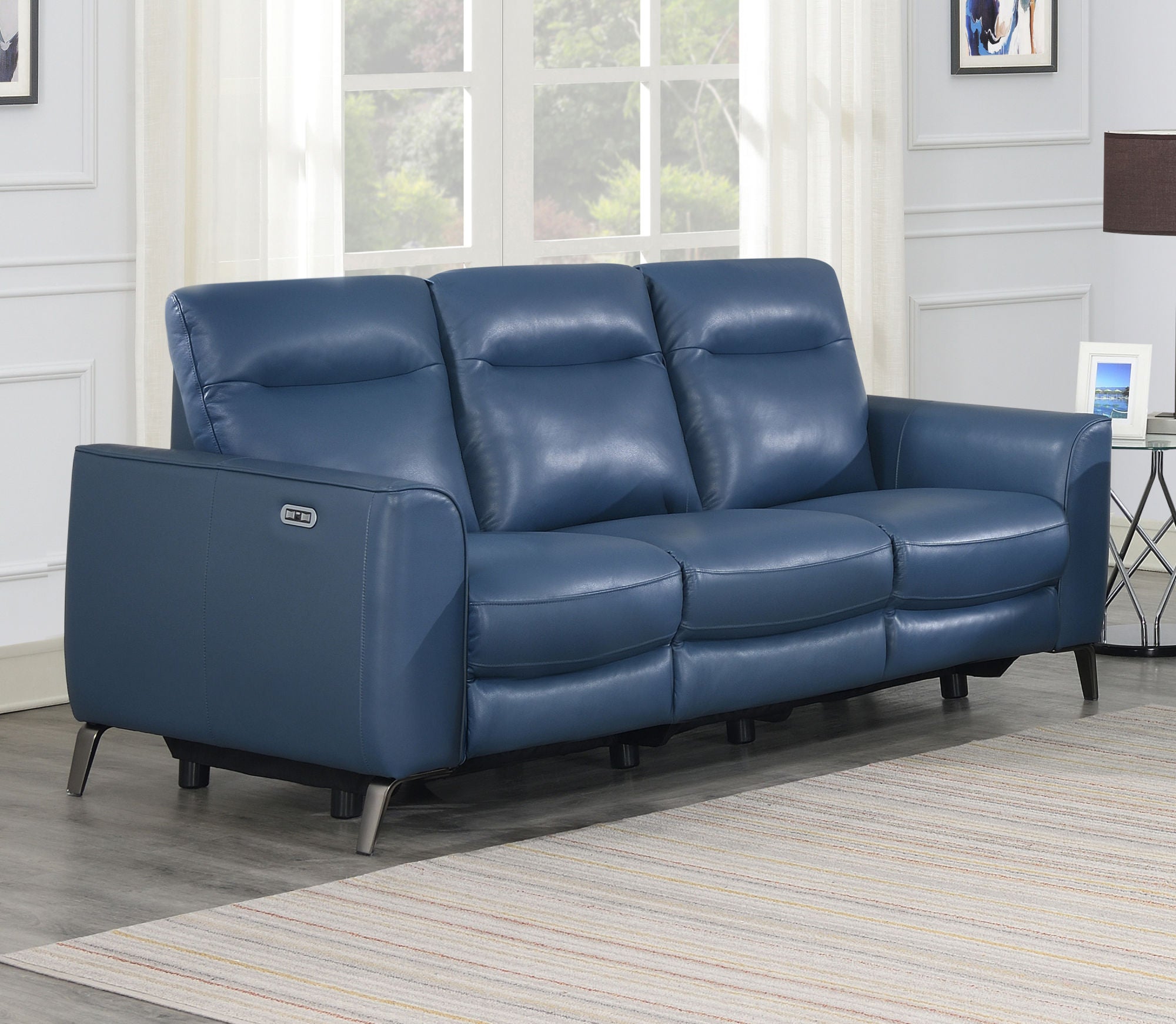 Leather Reclining Sofa - Motion Furniture Look without Compromise - Dual-Power, Ocean Blue Top-Grain Leather