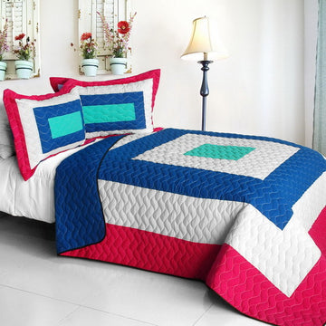 [Universe's Passion] Vermicelli-Quilted Patchwork Geometric Quilt Set Full/Queen