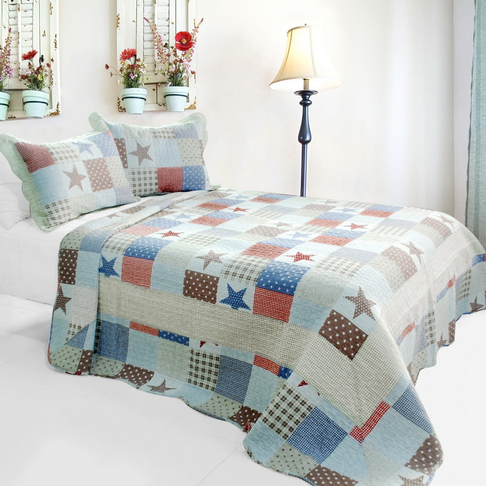 [Wave Point of Stars] 3PC Cotton Vermicelli-Quilted Printed Quilt Set (Full/Queen Size)