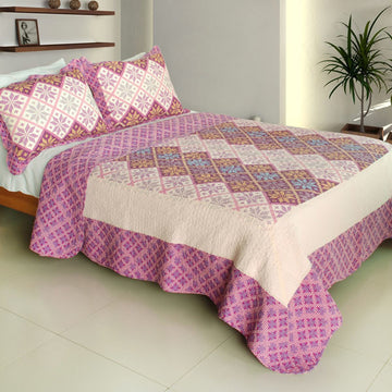 [Lucky Ring] Cotton 3PC Vermicelli-Quilted Printed Quilt Set (Full/Queen Size)