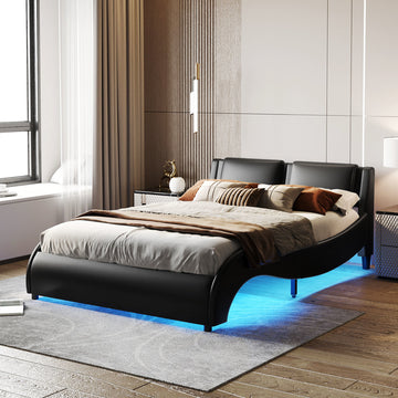 Queen Size Upholstered Faux Leather Platform Bed with LED Light Bed Frame, Slatted