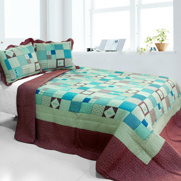 [Multicolor Lattice] Cotton 3PC Vermicelli-Quilted Printed Quilt Set (Full/Queen Size)