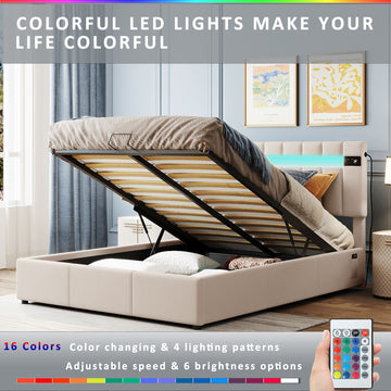 Upholstered Bed Queen Size with LED light;  Bluetooth Player and USB Charging;  Hydraulic Storage Bed in Velvet Fabric