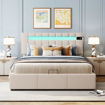 Upholstered Bed Queen Size with LED light;  Bluetooth Player and USB Charging;  Hydraulic Storage Bed in Velvet Fabric