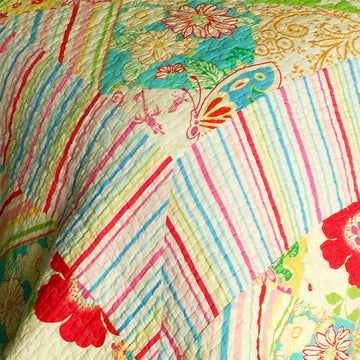 [Springtime Hills] Cotton 3PC Vermicelli-Quilted Floral Patchwork Quilt Set (Full/Queen Size)