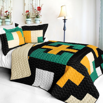 [Faithful Pray] 3PC Vermicelli-Quilted Patchwork Quilt Set (Full/Queen Size)