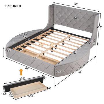 Upholstered Platform Velvet Bed With Storage With Wingback Headboard and 1 Big Drawer; 2 Side Storage Stool, Queen