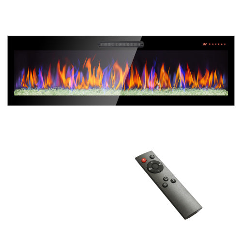 recessed ultra thin tempered glass front wall mounted electric fireplace with remote and multi color flame & emberbed, LED light heater