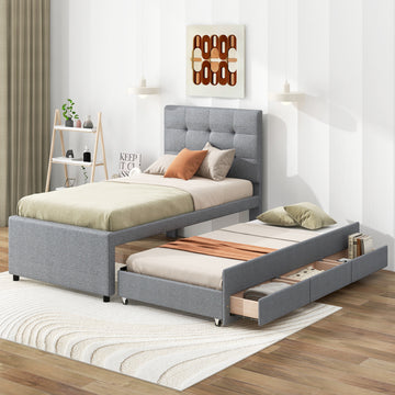 Twin Size Upholstered Platform Bed with Pull-out Twin Size Trundle and 3 Drawers