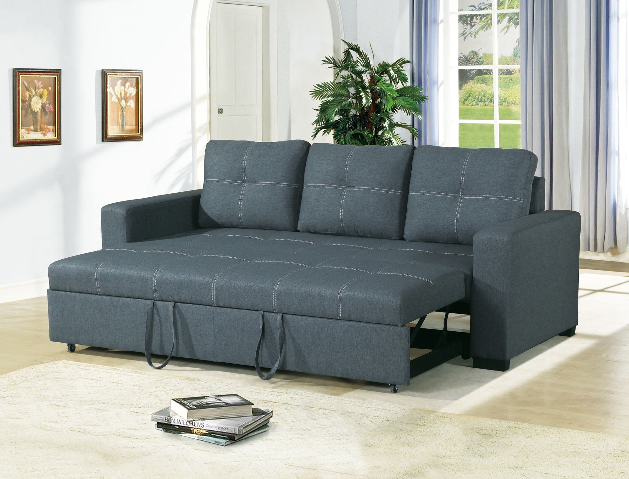 Sofa w Pull out Bed Convertible Sofa in Blue Grey Polyfiber HS00-F6532